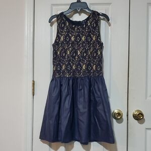 kidpik Navy and Gold Lace And Leather Dress